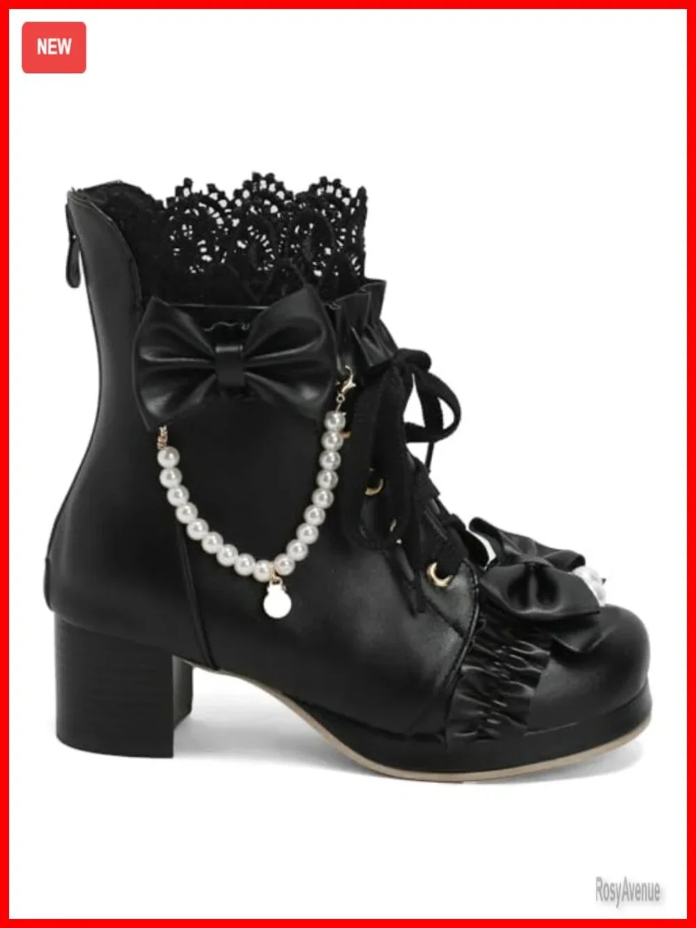 Lolita Ankle Boots Chunky Mid Heel Lace Up Bow Kawaii Shoes